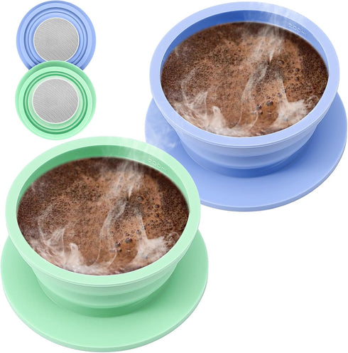 2-Packs Paperless Collapsible Travel Pour Over Coffee Dripper Kit, Reusable Coffee Strainer for Camping, Blue+Green