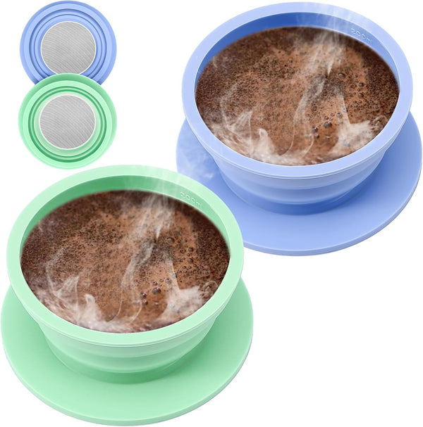 2-Packs Paperless Collapsible Travel Pour Over Coffee Dripper Kit, Reusable Coffee Strainer for Camping, Blue+Green