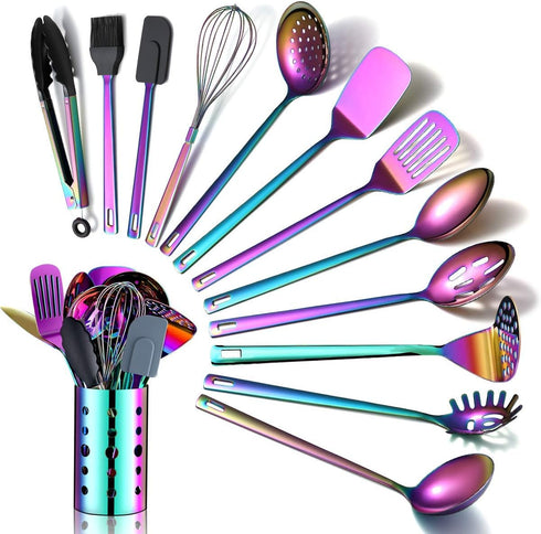 Rainbow Kitchen Utensils Set, 13 Pieces Stainless Steel Cooking Tools Set with Titanium Rainbow Plating, Utensil Holder