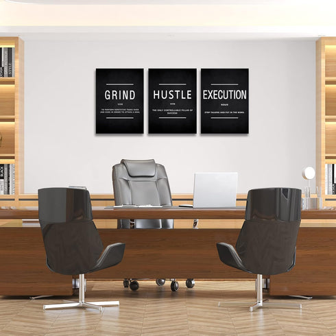 BWSPACE Grind Hustle Execution Wall Art, Motivational Wall Decor, Office Pictures Posters, 3 Pieces Framed Canvas Prints