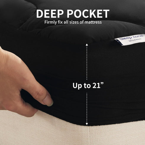 SLEEP ZONE Cooling Mattress Topper, Full Size Quilted Fitted Mattress Pad, Soft Fluffy Down Alternative - Black