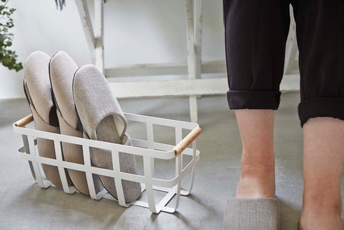 Storage Basket - Home Organizer Bin Holder with Wooden Handle - Steel + Wood - Small White