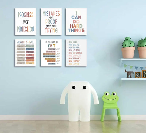 6Pcs Mindset Educational Growth Canvas Wall Art Kids Mental Health Therapy Paintings Positive Affirmations Wall Decor