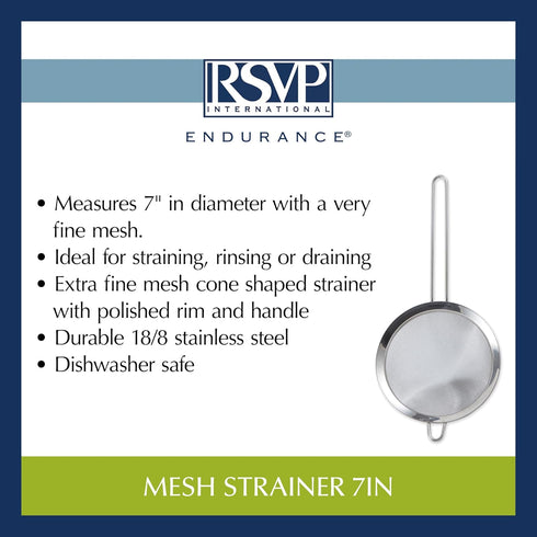 RSVP International Endurance Kitchen Collection, 7-Inch Stainless Steel Fine Mesh Conical Sieve/Colander