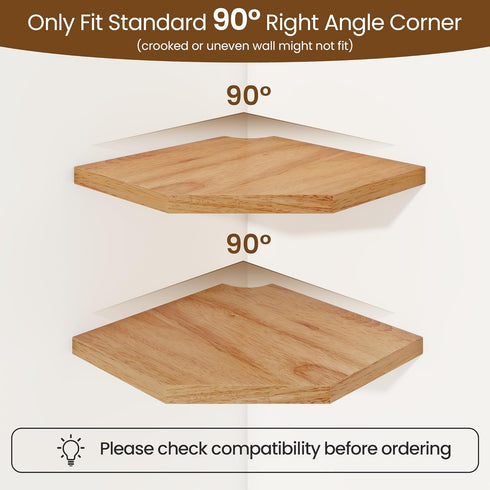 8.5in 1 Pack) Fun Memories Corner Shelf Wall Mount, Solid Oak Wood Floating Corner Shelves with Cable Hole, Rustic