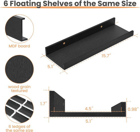 Set 6, upsimples Floating Shelves for Wall, Wall Shelves for Decor Storage of Wall Mounted Wood Shelf for Bedroom