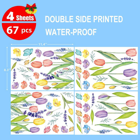 Horaldaily 67 PCS Spring Summer Window Cling Sticker, Tulip Butterfly Flower Decal for Home Party Decoration