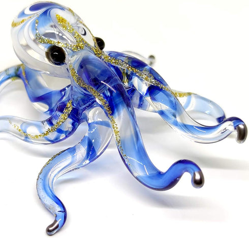 Octopus Miniature Figurines - Hand Blown Color Glass Art Collectible Gift Decor, 3.25" Blue Tone