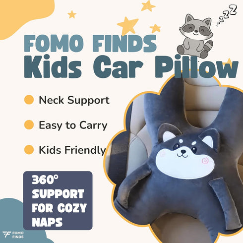 Kids Car Sleeping Pillow - X-Shaped Plush Animal for Neck & Back Support - Hands & Seat Belt Slot - Machine Washable