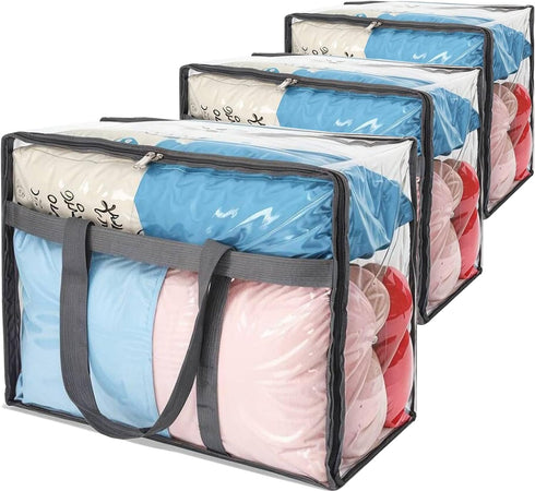 Mr Hsiung 3 PACK Clear Clothes Storage Bags with Sturdy Zippers for Comforters, Blankets, Bedding, Pillows