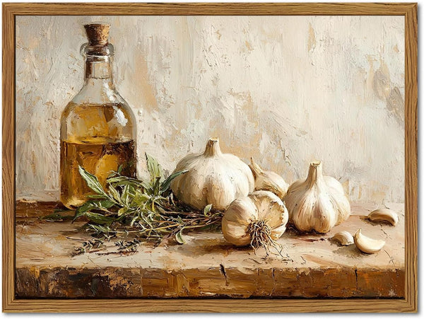 Marllifenney Framed Vintage Kitchen Canvas Wall Art, Rustic Garlic and Herbs Pictures Wall