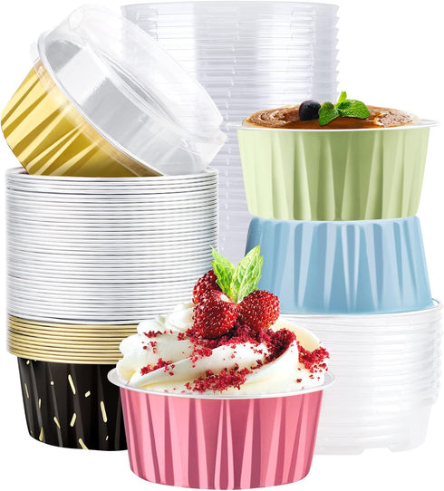 EUSOAR Assorted Colors Cupcake Muffin Liners, 5oz Aluminum Baking Cups with Lids, 50pcs