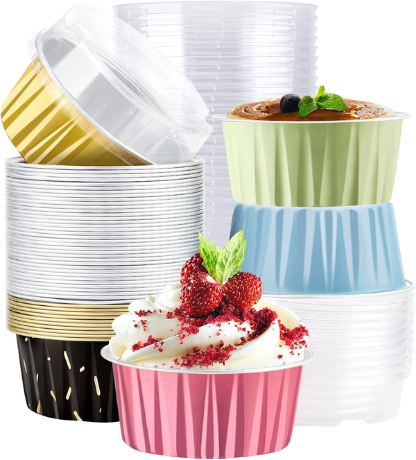 EUSOAR Assorted Colors Cupcake Muffin Liners, 5oz Aluminum Baking Cups with Lids, 50pcs