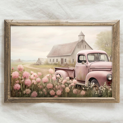 BACKYMRJCART Farmhouse Truck Canvas Wall Art, Vintage Landscape Art Prints with Pink Flowers, No Frame
