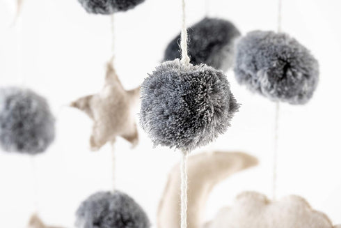 Celestial Crib Mobile with Pom Pom Stars and Clouds - White and Grey
