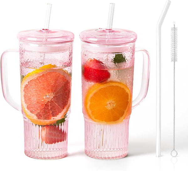 JunVpic Glass Cups with Lids and Straws,24oz Glass Tumbler with Handle Iced Coffee