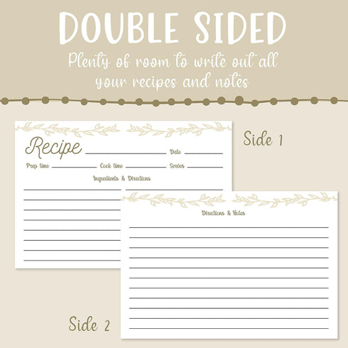 Dekali Designs Rustic Recipe Cards 4x6 Inches (50 Pack) Double Sided with Cute Floral Design