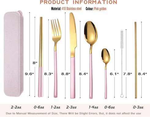 AARAINBOW 7 Pieces Stainless Steel Flatware Set, Portable Reusable Cutlery Set Including Knife, Fork, Spoon (Pink
