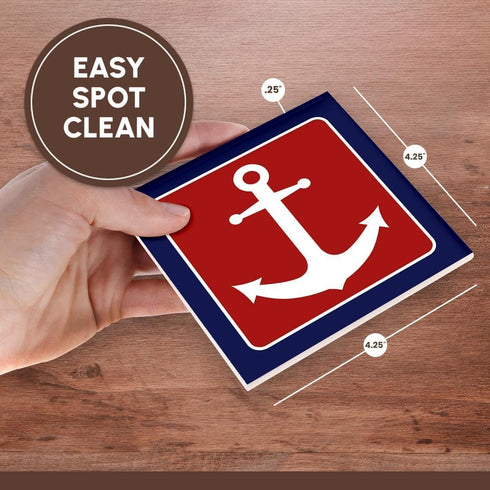 3dRose cst_165796_3 Nautical Anchor Design Ceramic Tile Coasters, Set of 4, Red White and Blue