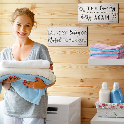 2 Pieces Laundry Room Decor Sign, Rustic Farmhouse Bathroom Wall Decor, Funny Laundry Signs (12 x 6 Inch)