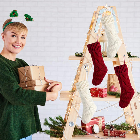 Unique Burgundy and Ivory White Knit Christmas Stockings, Pack of 6, 18"