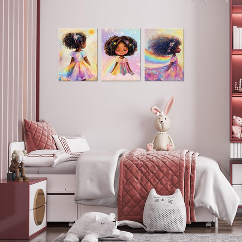 ouiytws Set Prints,Framed12 16inches X3piece Black Girl Princess Wall Art, Rainbow Hair Girl Painting,Cute Afro Girls