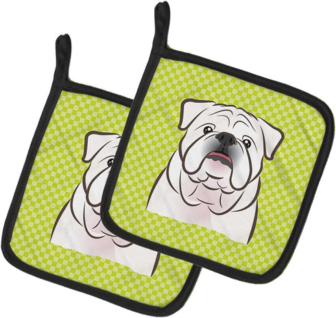 Caroline's Treasures BB1282PTHD Checkerboard Lime Green White English Bulldog Pair of Heat Resistant Pot Holders for