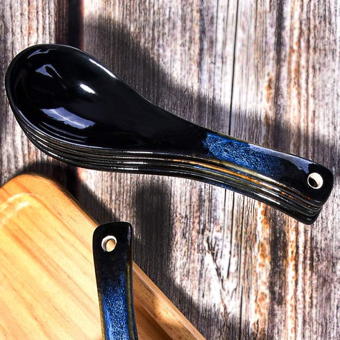 Japanese Ceramic Soup Spoon Set of 5, Blue and Black Table Spoons for Meals, Soups, Ice Creams, Microwave Safe