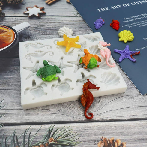 Sakolla Marine Theme Fondant Silicone Molds for Cake Decoration, Seashell, Conch, Seahorse, Starfish, Tortoise
