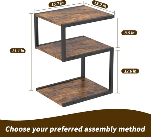 3 S-Shaped Side Table Tier, Minimalist Nightstand for Small Spaces with Open Storage, Narrow End Table for Living Room