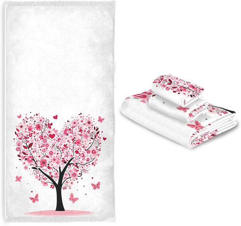 Set 3 Sets Pfrewn Pink Flowers Heart Tree Towels of Romantic Love Spring Trees Butterfly Bathroom Towel Soft Absorbent