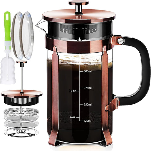 French Press Coffee Maker, 304 Stainless Steel, 4 Filters System, Heat Resistant Borosilicate Glass