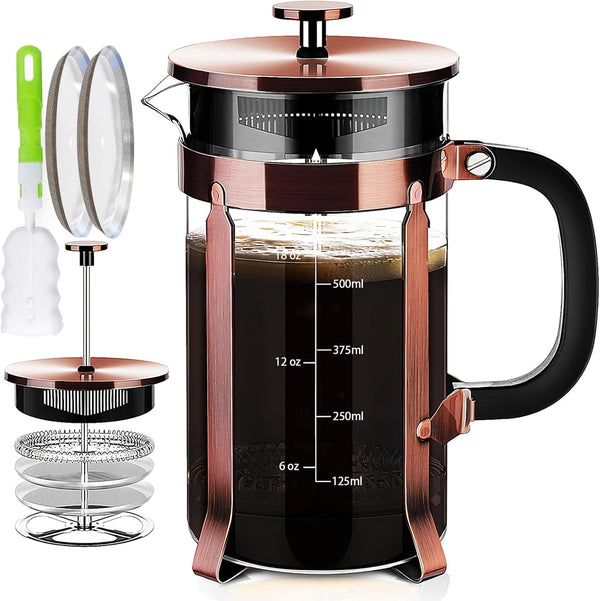 French Press Coffee Maker, 304 Stainless Steel, 4 Filters System, Heat Resistant Borosilicate Glass