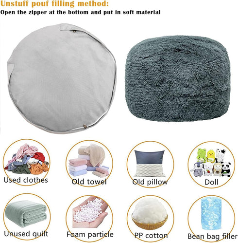 20x12 Fur Ottoman Stool Unstuffed Footstool Cover Floor Pouf NO Filler Foot Rest In Round Poof Seat Bean Bag Chair