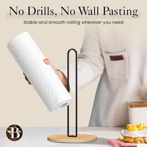 Bambuesi Wooden Paper Towel Holder, Minimalistic Stand with Non-Slip Base for Kitchen Countertop and Home Office