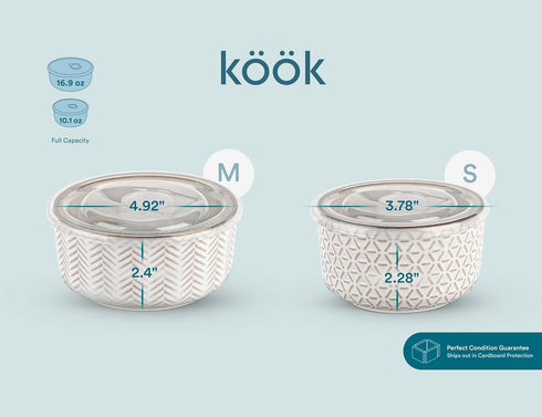 KooK Ceramic Nesting Bowls with Lids, Embossed Food Storage Containers, Set of 4, Ivory