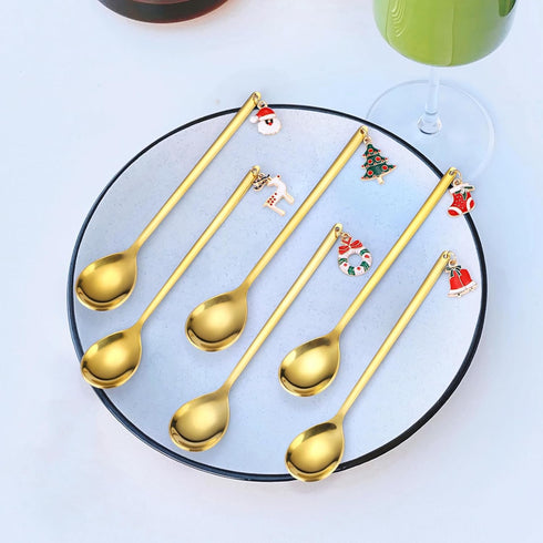 Christmas Coffee Spoons Set, 6 Pieces Gold Silverware Small Stainless Steel Flatware for Festive Daily Kitchen