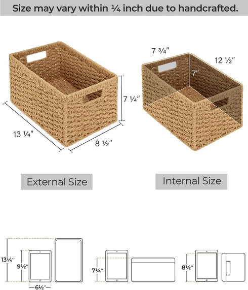 StorageWorks Round Paper Rope Storage Baskets, Medium Rectangular Wicker Baskets with Built-in Handles, 2-Pack, 13 ¼ x