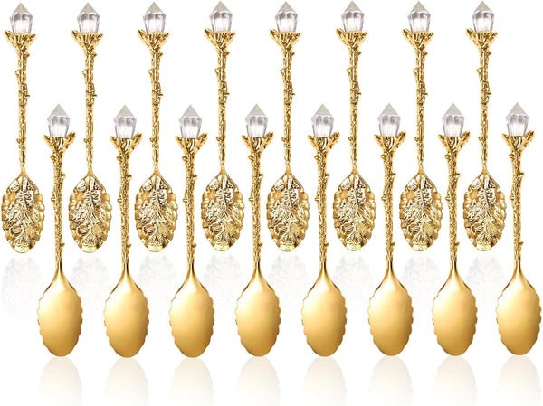 16 Pieces Retro Spoon, Crystal Alloy Coffee Spoons, Vintage Carved Decorative Gold Dessert Spoons