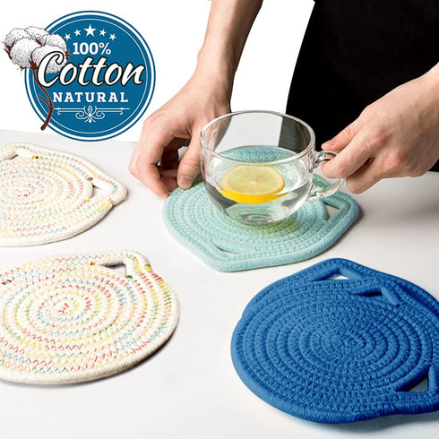 7" Cotton Trivets Set, 3Pcs Cute Cat Ear Pot Holders, Thick Heat Resistant Mats for Hot Pots and Pans, Blue