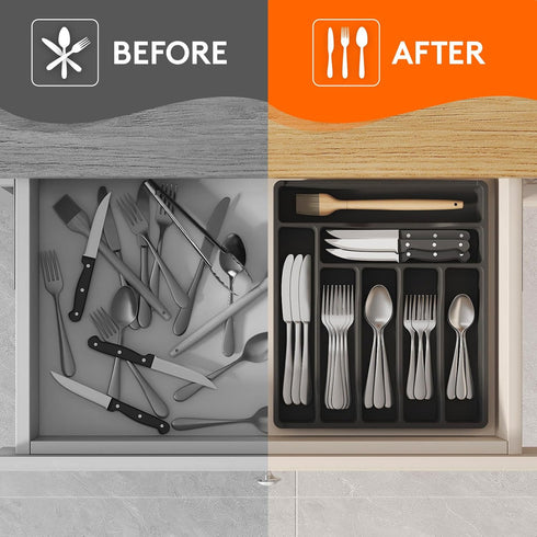 Lifewit Black Silverware Drawer Organizer Tray, 7 Compartment Plastic Cutlery Storage for Kitchen Drawer