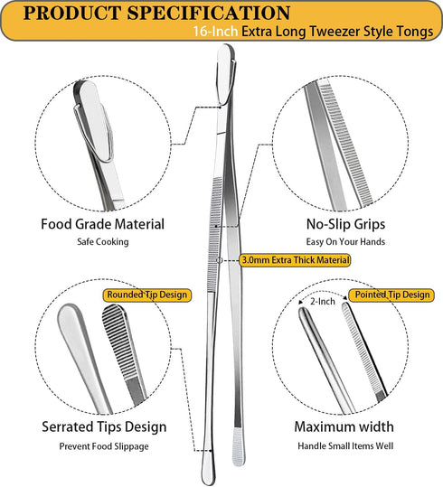 JETKONG 2 Pcs 16-Inch Kitchen Tweezers Extra Long Tweezer Tongs, Heavy Duty Stainless Steel Cooking Tweezers (Silver) by JETKONG