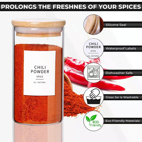 12 8oz Thicken(2.4mm) 148 Pcs Glass Spice Jars With Bamboo Airtight Lids, Spice Containers With Minimalist Preprinted