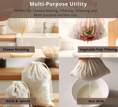 Set 4-8X10 Inch PurpleEssences Ultra-Dense Unbleached Cotton Nut Milk & Filter Bags Reusable Cheesecloth Drawstring