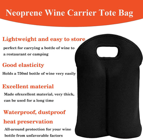 2 Bottle Wine Carrier Tote Bag for 750ML Wine Bottles, Insulated Neoprene Travel Protector Bags, Black & Red