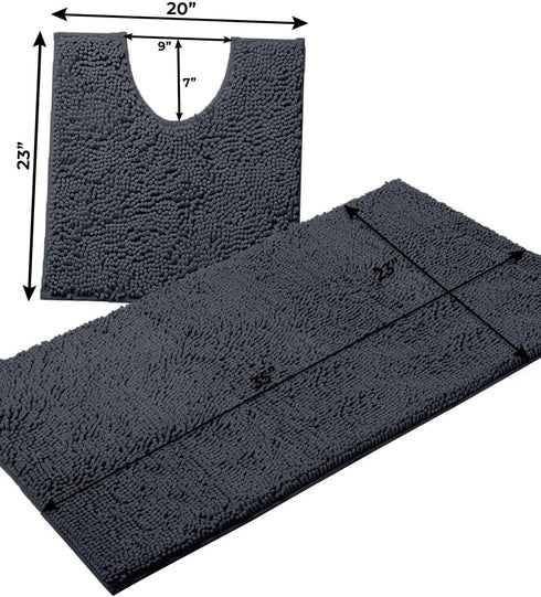 Luxurious 2-Piece Bathroom Rug Set in Charcoal: Chenille Bath Mat + U-Shaped Toilet Mat, Plush Anti-Slip Design, Microfiber Shaggy Carpet for Super Absorbency and Comfort.