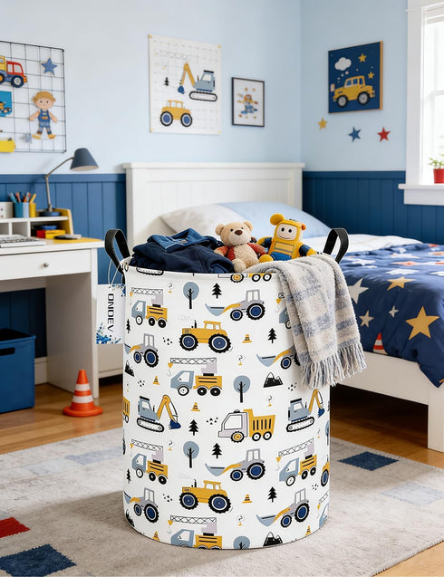 ONOEV Round Construction Truck Collapsible Laundry Hamper for Nursery,Cute Forest Vehicles Excavator Toy Storage Bin