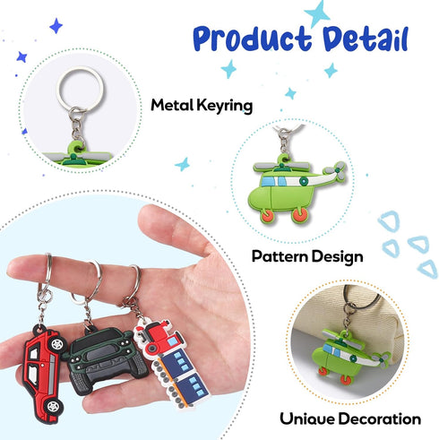 Gala Glow 17 Pack Set, Car Keychain Cartoon Vehcile Train Airplane Silicone Keyrings for Kids, Bulk Party Favors