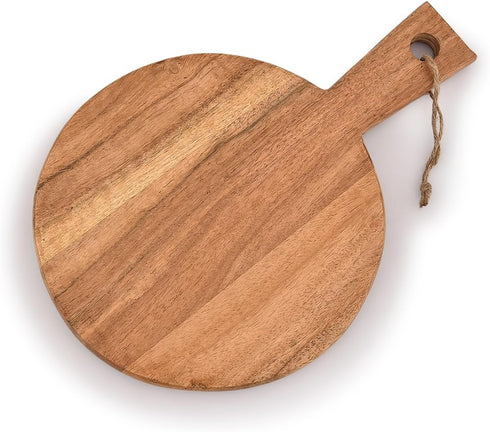 Round Acacia Wood Cutting Board with Handle, Chopping and Serving Board for Charcuterie, Cheese, Pizza (13" X 9")