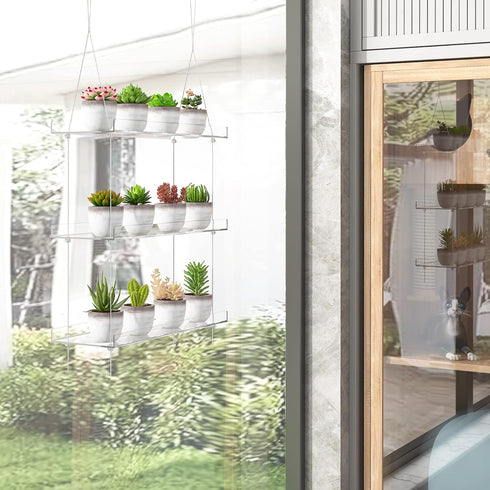 OtNiap 3-Tier 16In, Clear Hanging Window Plant Shelves Height Adjustable Acrylic , Indoor Windows Wall Hanging Plant